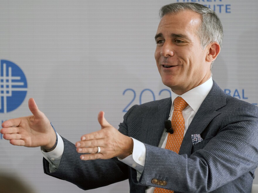 Eric Garcetti, mayor of Los Angeles, attends a panel discussion during the Milken Institute Global Conference in Beverly Hills, California, U.S., on Monday, Oct. 18, 2021. The event brings together individuals with the capital, power, and influence to change the world and connects them with those whose expertise and creativity are reinventing health, finance, technology, philanthropy, industry, and media. Photographer: Kyle Grillot/Bloomberg via Getty Images