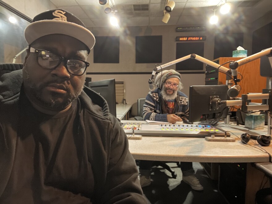 M'Banna Patako II (left) and Jeff Williams (right) in the NPR Illinois studio. M'Banna is with BLBL4K - Better Life Better Living for Kidz