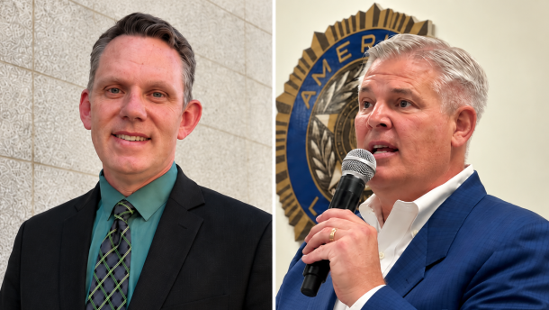 Two photos are side-by-side. One has a man in a suit and tie on the left, and one has a man on the right wearing a blazer and a white shirt. He is holding a microphone.