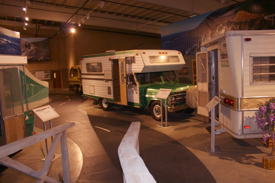 A 1969 Ford based chassis mount Class C motorhome at the RV/MH Hall of Fame in Elkhart, Indiana.