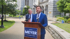 Williamsville Trustee Steve Meyer stands with Erie County Comptroller Kevin Hardwick and calls for an audit into the Erie County Clerk's office.