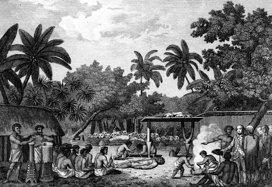 Human sacrifice helped solidify systems of social hierarchy, according to a new study of traditional cultures in the Pacific Ocean. Here, an engraving shows English explorer James Cook witnessing a human sacrifice ritual in Taihiti in the 1770s. The image comes from the 1815 edition of <em>Cook's Voyages.</em>