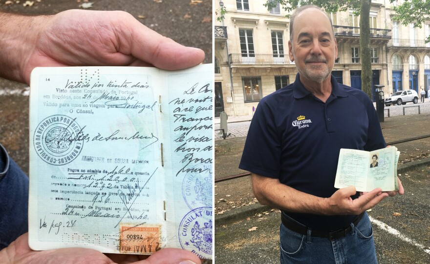 Retired U.S. newspaper editor Rebel Good (right) holds his Dutch-born mother's passport, showing the signature of Sousa Mendes. His mother never spoke about her escape from Europe. After her death, "I opened the passport up to the center, and the visa was there with Aristides de Sousa Mendes' signature on it," says Good. "It was a very moving and chilling moment."