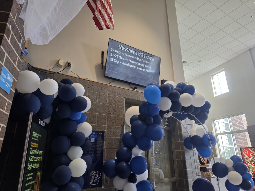 Balloons from the Sept. 19, 2026, homecoming dance still adorn the commons area of Bemidji High School the following Tuesday.