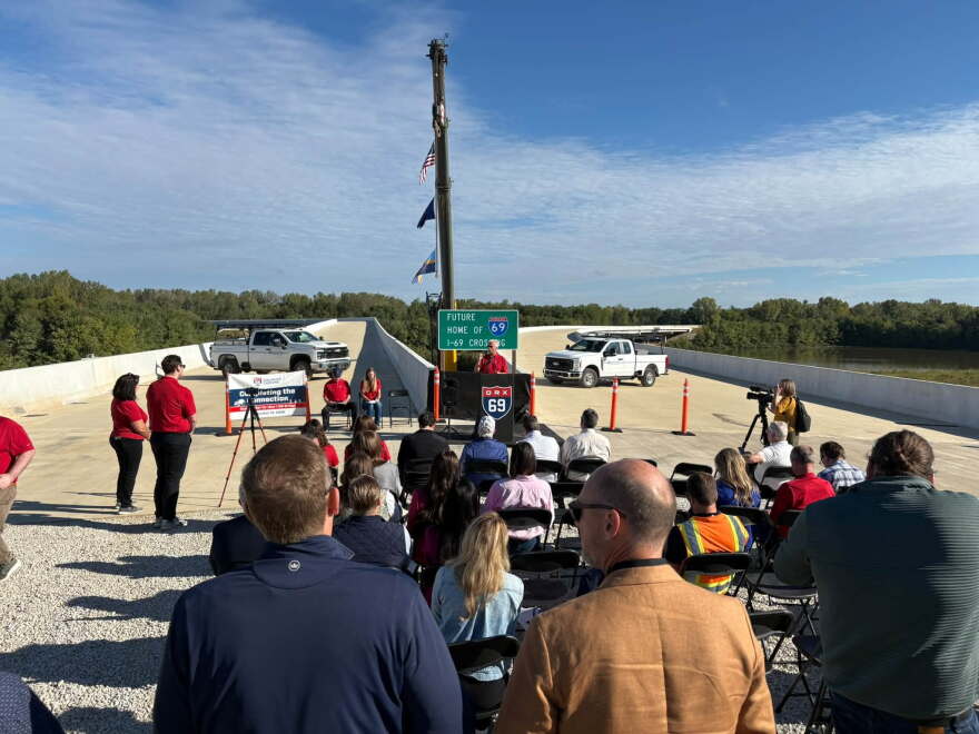 INDOT Commissioner Matt Ubelhor speaks during a news conference on the new I-69 bridge ramps, Sept. 25, 2026