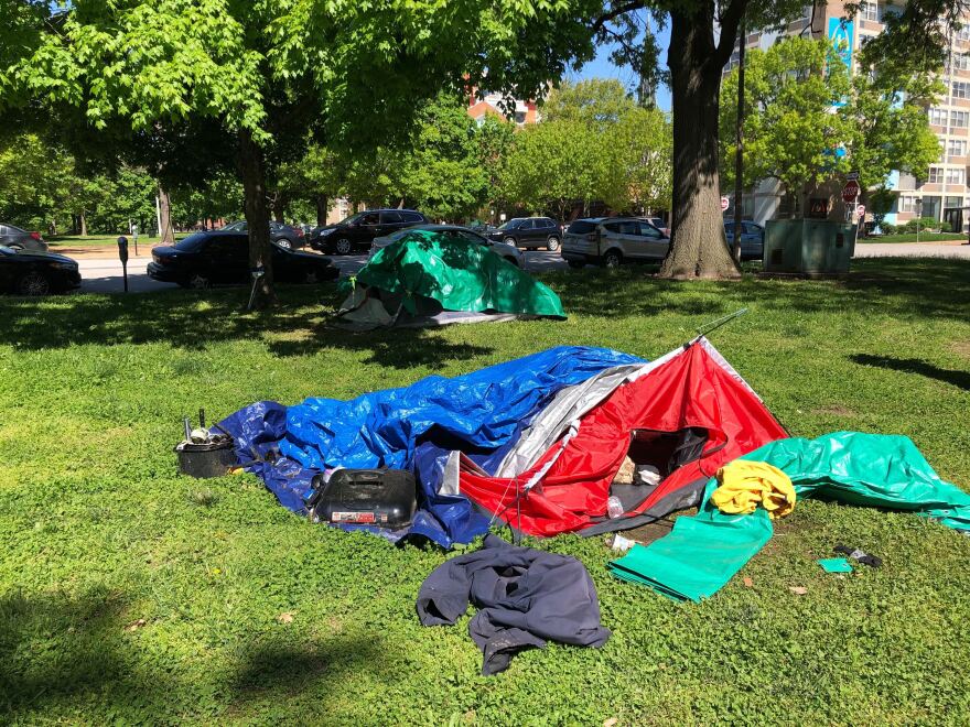 Tents at the encampment off Market Street, where about 50 unhoused individuals have lived for weeks. 5/1/20