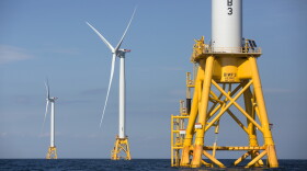 In this Aug. 15, 2016  photo, three of Deepwater Wind's turbines stand in the water off Block Island, R.I. (Michael Dwyer/AP)