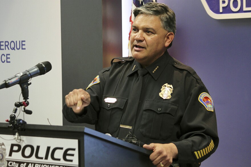 FILE -Albuquerque Police Chief Harold Medina answers questions about an ongoing investigation into possible corruption within the department's DWI unit during a news conference at police headquarters in Albuquerque, N.M. on Friday, Feb. 2, 2024. Several members of the Albuquerque police academy’s training staff who were dismissed from their duties last summer filed a lawsuit Wednesday, April 17, 2024 outlining allegations of nepotism and retaliation by leadership within the force. (AP Photo/Susan Montoya Bryan, File)