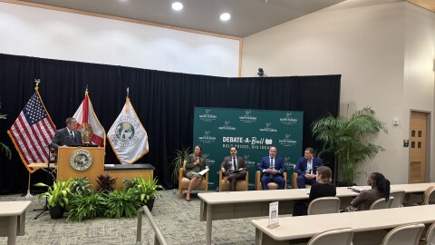 Casey Welch (left), the executive director of the USF Institute for Public Policy & Leadership moderates a debate on Nov. 12 about property tax reform in Florida with panelists (left to right) Brandi Gunder, the Vice President for Research at Florida TaxWatch; Esteban Santis, the director of research at the Florida Policy Institute; Blaise Ingoglia, Florida's Chief Financial Officer; and Jeff Brandes, former state senator and president of the Florida Policy Project.