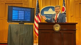 Ohio Senate Finance Committee chair Matt Dolan (R-Chagrin Falls) explains a chart showing the Senate budget's formula for calculating per-student aid.