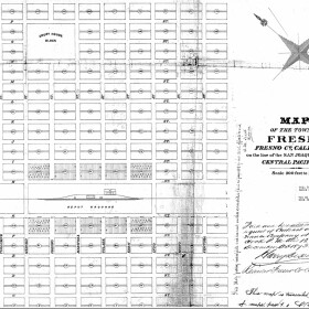 An 1872 map of the new town of Fresno, founded by the Central Pacific Railroad.
