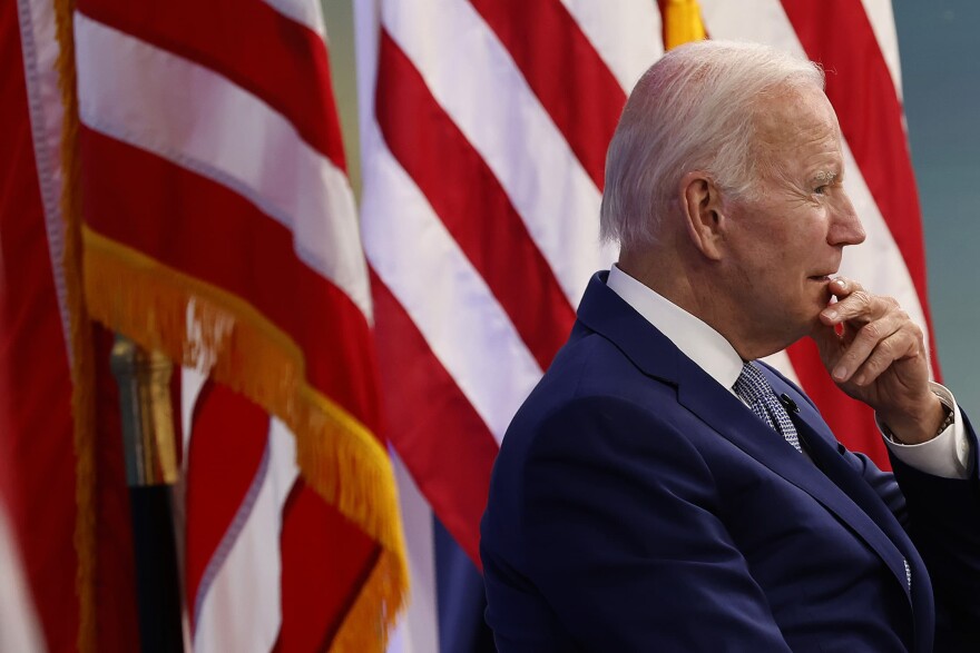 U.S. President Joe Biden listens to leaders from the National Aeronautics and Space Administration (NASA) after seeing the first image from the new Webb Space Telescope in the Eisenhower Executive Office Building's South Court Auditorium on July 11, 2022 in Washington, DC. According to NASA, the telescope images are the highest-resolution images of the infrared universe ever captured. (Chip Somodevilla/Getty Images)