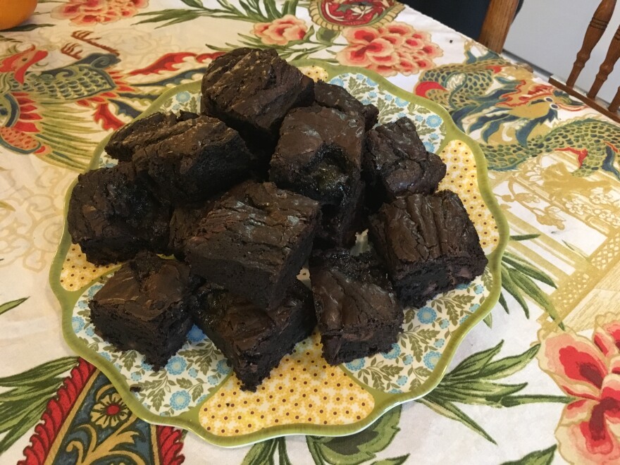 A plate of rhubarb brownies made by cookbook author Tinky Weisblat.