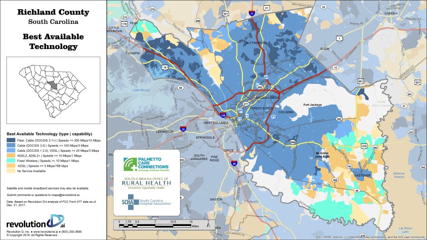 Broadband map showing the type and speed of the best technology available in Richland County. For maps of all 46 counties, visit Palmettocareconnections.org.