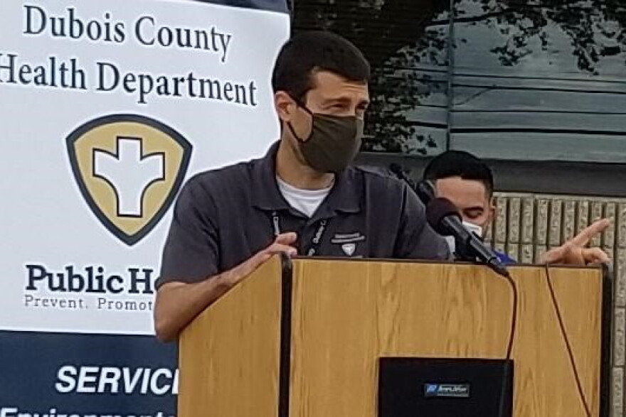 Dubois County Health Department Environmental Health Specialist Shawn Werner briefs the media Thursday afternoon