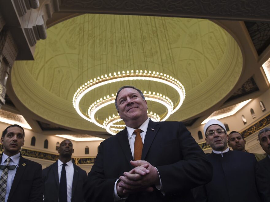 Secretary of State Mike Pompeo speaks to the press in the newly inaugurated Cathedral of the Nativity Christ, east of Cairo, on Thursday.