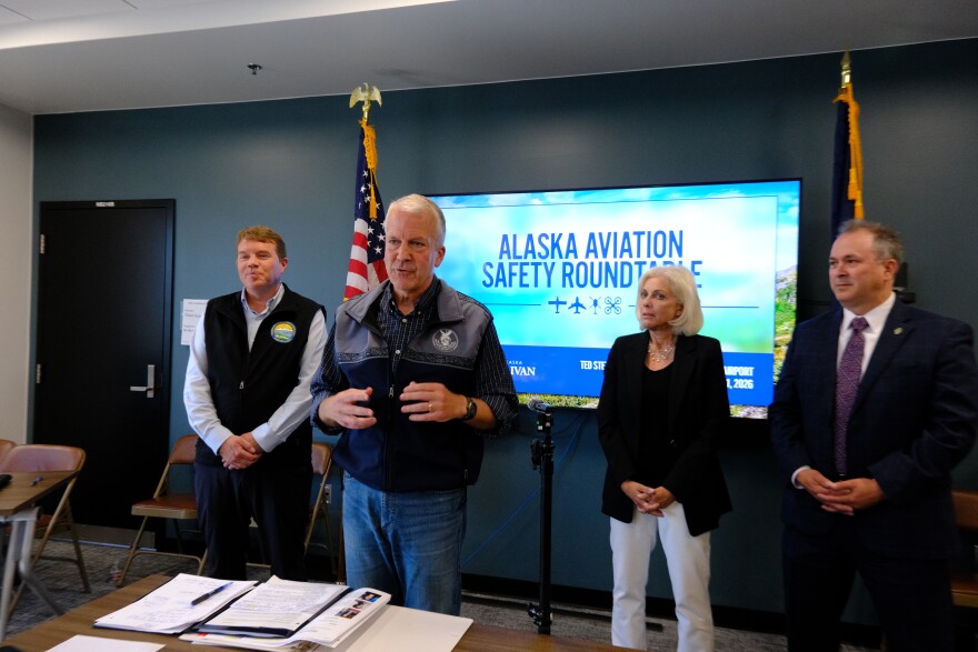 (From left) Alaska Department of Transportation and Public Facilities Commissioner Ryan Anderson, Sen. Dan Sullivan, the National Transportation Safety Board Chairwoman Jennifer Homendy and Regional Federal Aviation Administration A Director Eric Amend speak at the aviation safety summit in Anchorage on July 31, 2026.