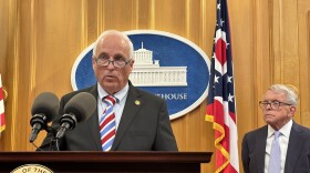 Sen. Terry Johnson (R-McDermott, left) and Gov. Mike DeWine (right) in August 2026.