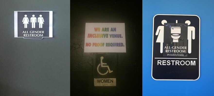 Anti-HB2 signs on bathrooms at North Carolina music venues: (from left) Haw River Ballroom in Saxapahaw, Cat's Cradle in Carrboro and Honeysuckle Tea House in Chapel Hill.