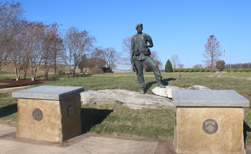 The "Peacekeeper" statue stands at Hopkinsville's Gander Memorial Park, along with plaques with fallen soldiers' names that have now been raised to stand in front of the statue.