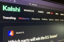 Close-up of a computer screen on the Kalshi website. Along the top are various topics to put wagers on, like midterms and sports. The one featured currently is "Which party will win the U.S. Senate?"