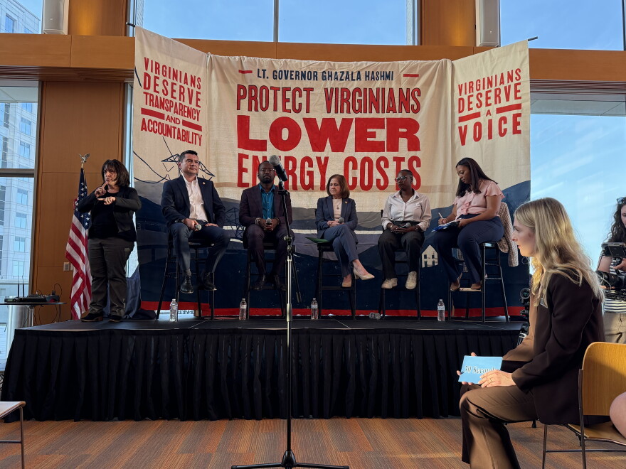 Del. Phil Hernandez (L), Del. Nadarius Clark, Lt. Gov. Ghazala Hashmi, Del. Jackie Glass and Energy Policy Research Shelby Green listened to people's concerns regarding the proposed merger between Dominion Energy and NextEra Energy.