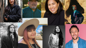 The finalists for the first IllumiNative Producers Program cohort: Left to right, top row: Taylor Hensel (Cherokee Nation), Kekama Amona (Kanaka Maoli), Princess Daazhraii Johnson (Neets'aii Gwich'in), Mato Standing Soldier (Oglala Lakota). Bottom row: Ivan MacDonald (Blackfeet), Ashley Browning (Pueblos of Pojoaque and Santa Clara),  Coyote Park (Yurok) and Blake Pickens (Chickasaw).