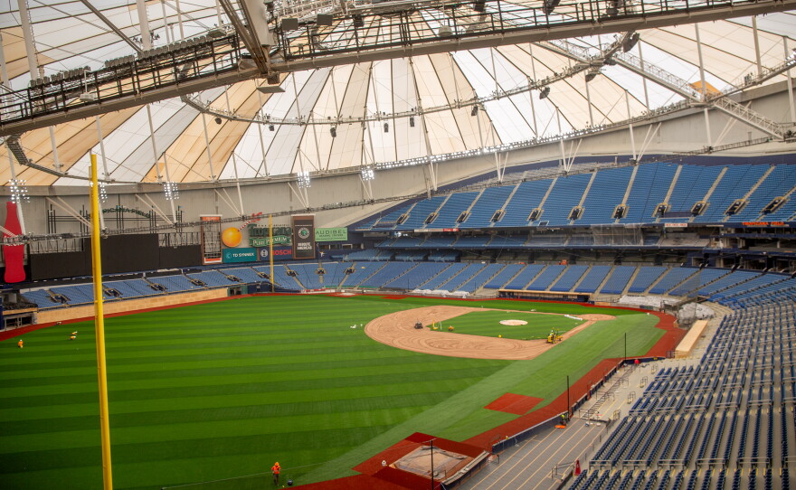 Tropicana Field interior and repaired fiberglass roof during 2026 preparations