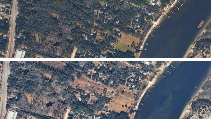 Above: 2025 Google Earth image of the area. Below: 2026 image of the tree removal at the Sea Glass subdivision site.