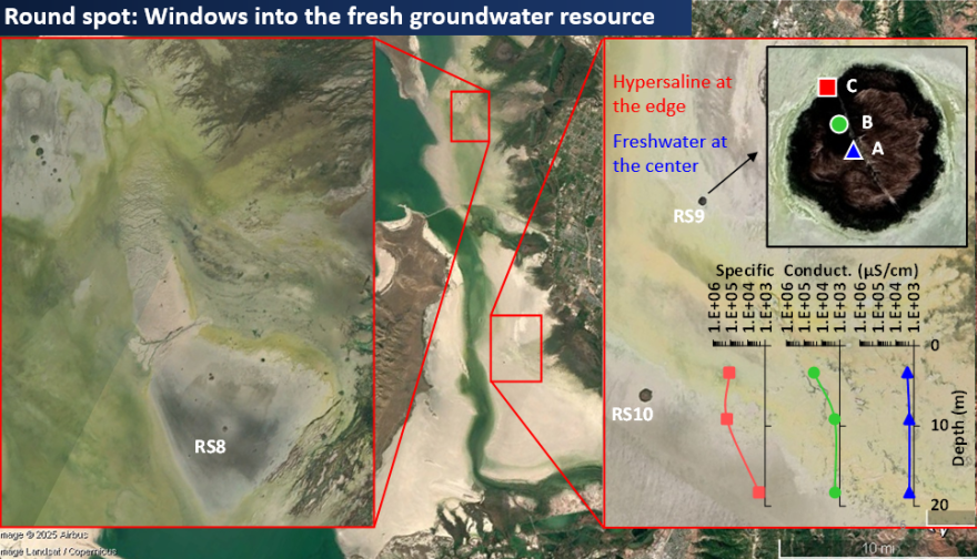 A close-up of an island shows the salinity of the water at the center is actually fresh, while the water at the edges is hypersaline.