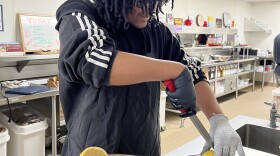 A teenager cuts grapefruits in an industrial kitchen. He's wearing and apron and gloves.