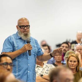 A packed room at the Yuma Civic Center for Thursday's Town Hall on biosolids.