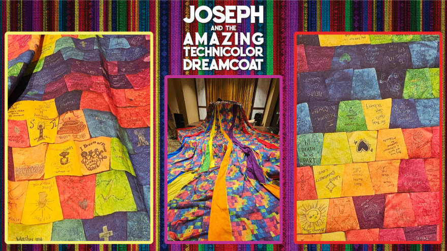 The coat is made from hundreds of pieces of quilted fabric on which anyone connected with Virginia Stage Co., including cast and patrons, was asked to write down their dreams.