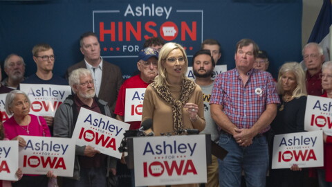 Republican U.S. Senate candidate Ashley Hinson at a press conference in Des Moines on Sept. 25, 2026 where she called for the war in Iran to end immediately.