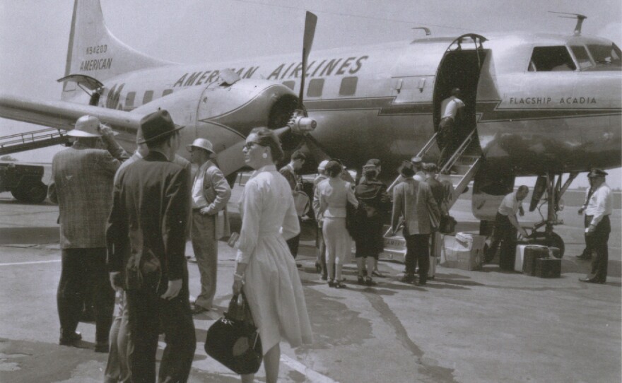 Travel editors board an American flight in Tennessee, 1957.