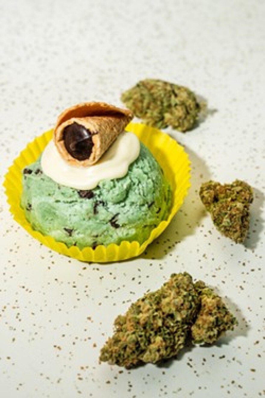 A scoop of mint chocolate chip edible cookie dough.