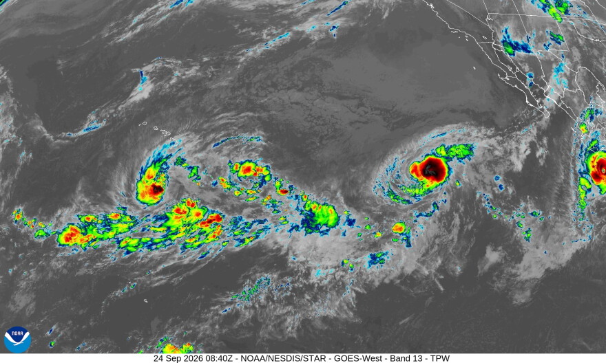 An infrared satellite image of the Pacific Ocean shows Tropical Storm Nolo near the Hawaiian Islands on Wednesday, Sept. 23, 2026.