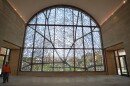 Viewed from inside the dining hall at Pembroke HIll, Jan Hendrix's stainless steel design can be viewed from a variety of angles creating multitudes of appearances. The piece was fabricated by Kansas City-based Zahner Metal Conservation.