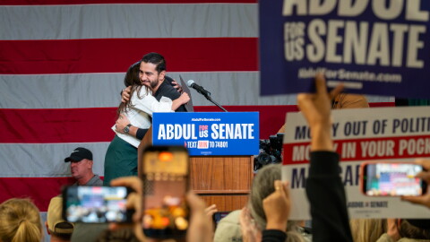Democratic U.S. Senate candidate Abdul El-Sayed embraces New York Rep. Alexandria Ocasio Cortez at a rally on Thursday, October 16, 2026