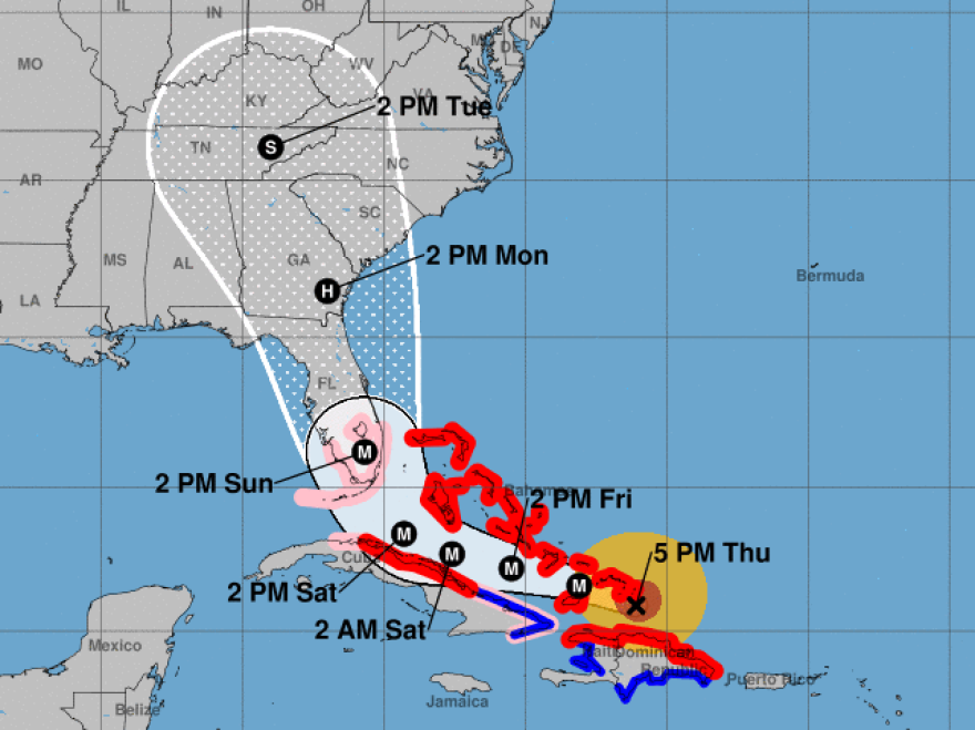 The five-day path prediction for Hurricane Irma includes a northern turn close to the coast of Florida.