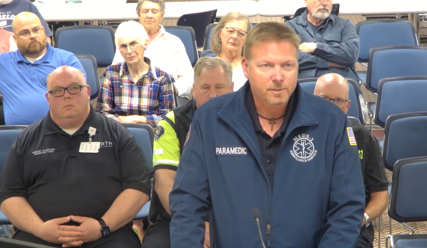 Jim Ducharme, owner of Meds-1 Ambulance Service in Grand Rapids, speaks to the Itasca County Board about the impending sale of the service to North Memorial Health at a May 13, 2024, meeting.