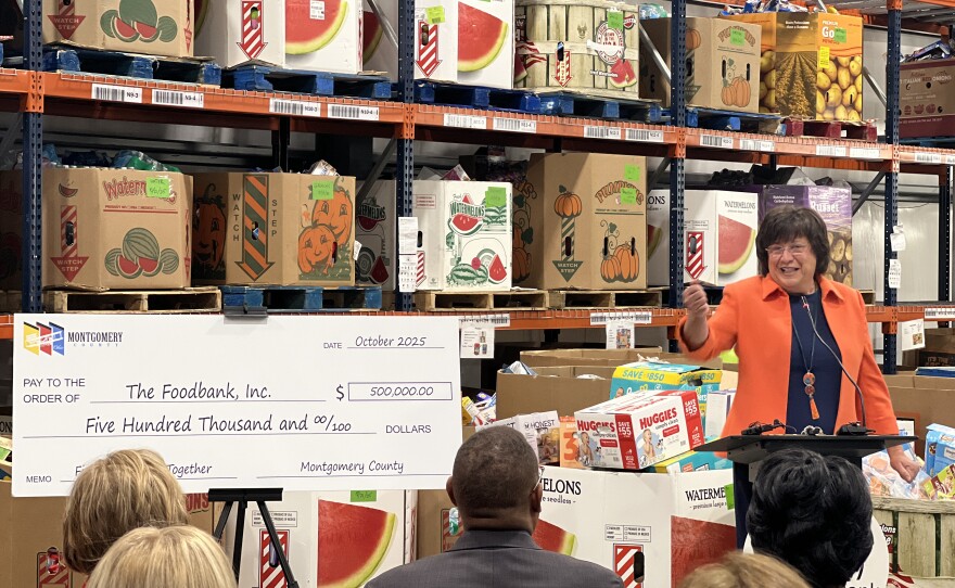Ohio State Senator Willis Blackshear, Montgomery County Commissioner Carolyn Rice and the CEO of the Foodbank Inc. speak at a podium in front of boxes and boxes of donated goods at the non-profit's warehouse.