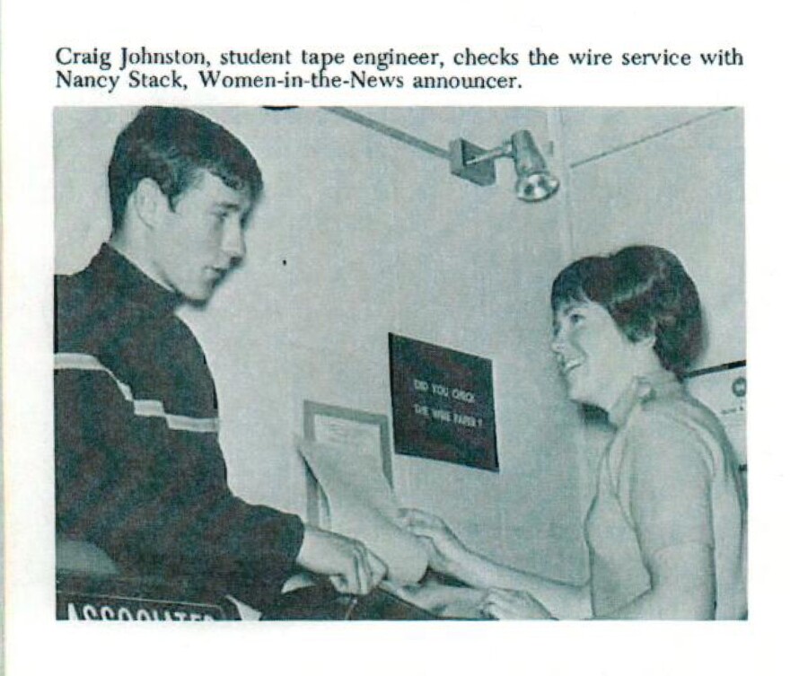 Craig Johnston, student tape engineer, checks the wire service with Nancy Stack, Women-in-the-news announcer.