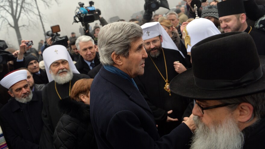 Secretary of State John Kerry speaks to religious leaders at the Shrine of the Fallen, a tribute to anti-government protesters, on Tuesday in Kiev, Ukraine.