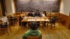 Talia Hsia, Slater Vance, Chin Onwu, and Fabeha Jahra (l-r) review the audition Demi Singleton for Six Degrees of Separation,” October 05, 2026 at the Heritage Production Company at Linsly-Chittenden Hall in New Haven Connecticut.