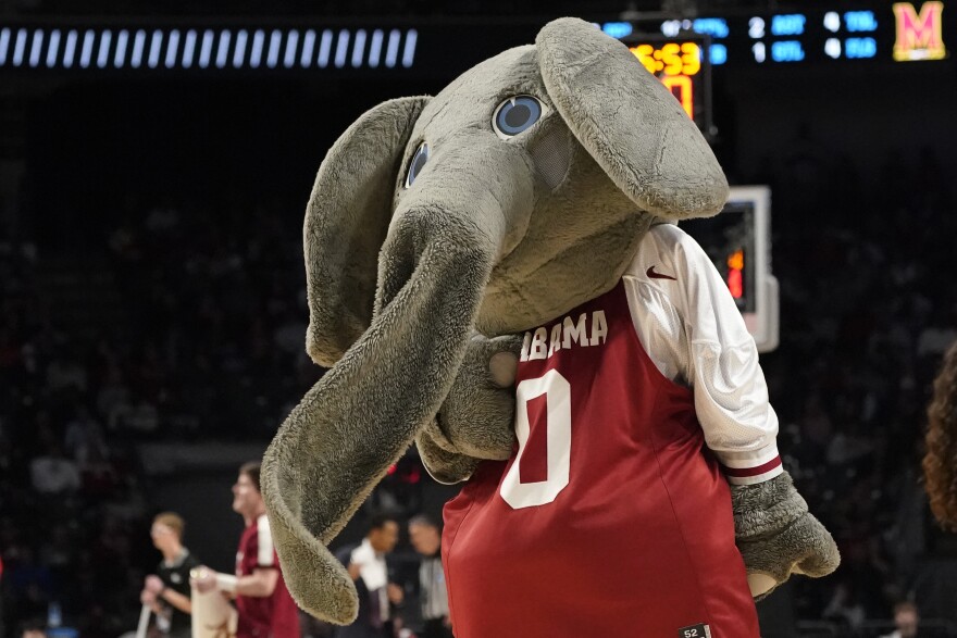 Big Al, the Alabama elephant mascot, performs in the second half of the second round of a college basketball game against Maryland in the NCAA Tournament in Birmingham, Ala., Saturday, March 18, 2023. Alabama won 73-51. (AP Photo/Rogelio V. Solis)