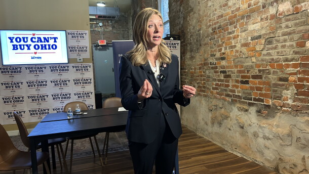 Governor candudate Amy Acton (D) speaks to the news media after a roundtable discussion.