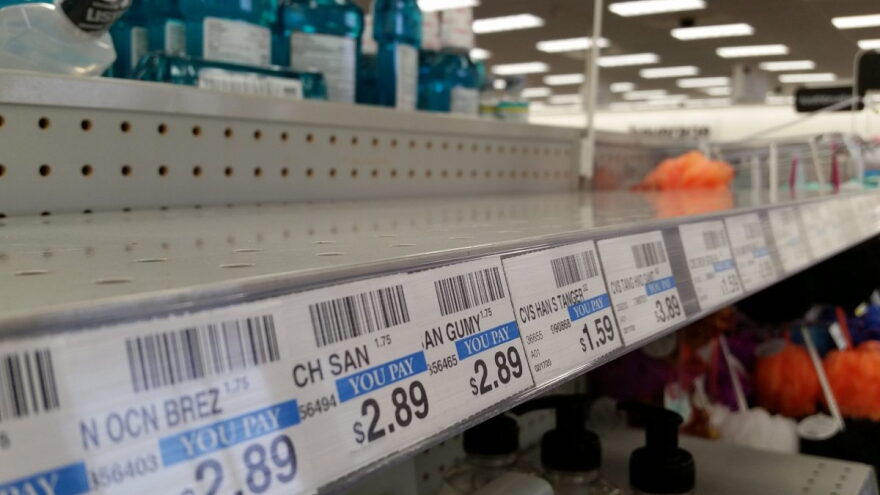 Bare shelves in a CVS pharmacy store in Edmond testify to the run on hand sanitizer products in retail stores across the state, spurred by news of the coronavirus in other states. 