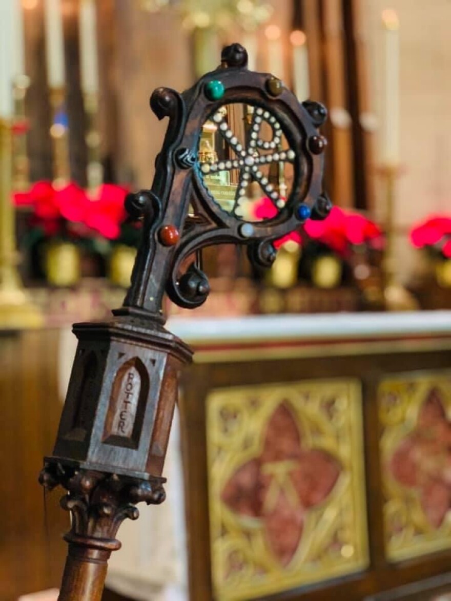 A Bishop's Crozier, designed by John Henry Hopkins Jr. for Christ Episcopal Church in Williamsport. The crystals represent parts of creation, Father Kyle Murphy said.