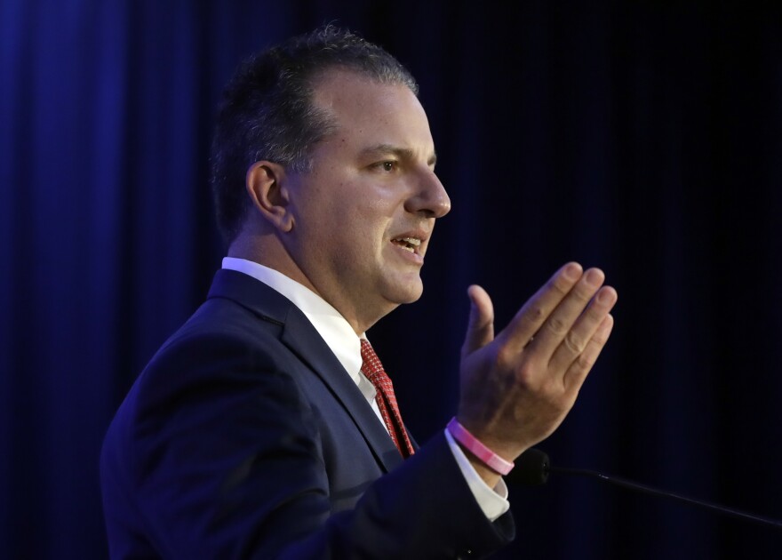 Florida Chief Financial Officer-elect Jimmy Patronis speaks during a military and law enforcement appreciation event, Monday, Jan. 7, 2019, in Tallahassee, Fla. Patronis and other newly elected officials will be sworn in during the inauguration Tuesday.
